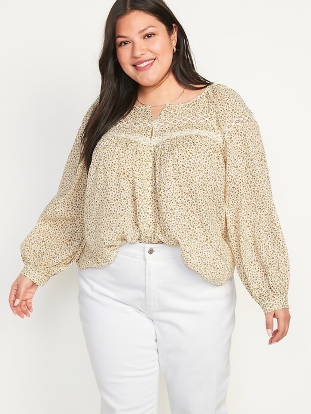 Old‎ Navy Cream Floral Lace-Trim Peasant Blouse